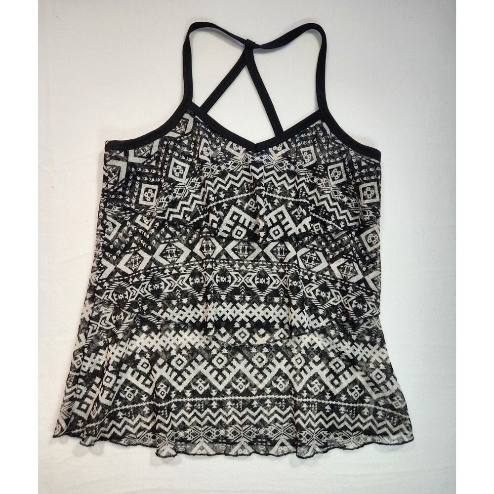 Womens Tank Top Size S Black Sheer Layered Tribal Boho Geometric Festival - Picture 2 of 9